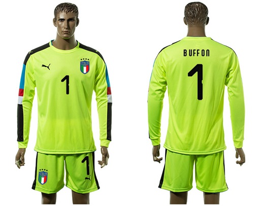 Italy #1 Buffon Shiny Green Long Sleeves Goalkeeper Soccer Country Jersey - Click Image to Close